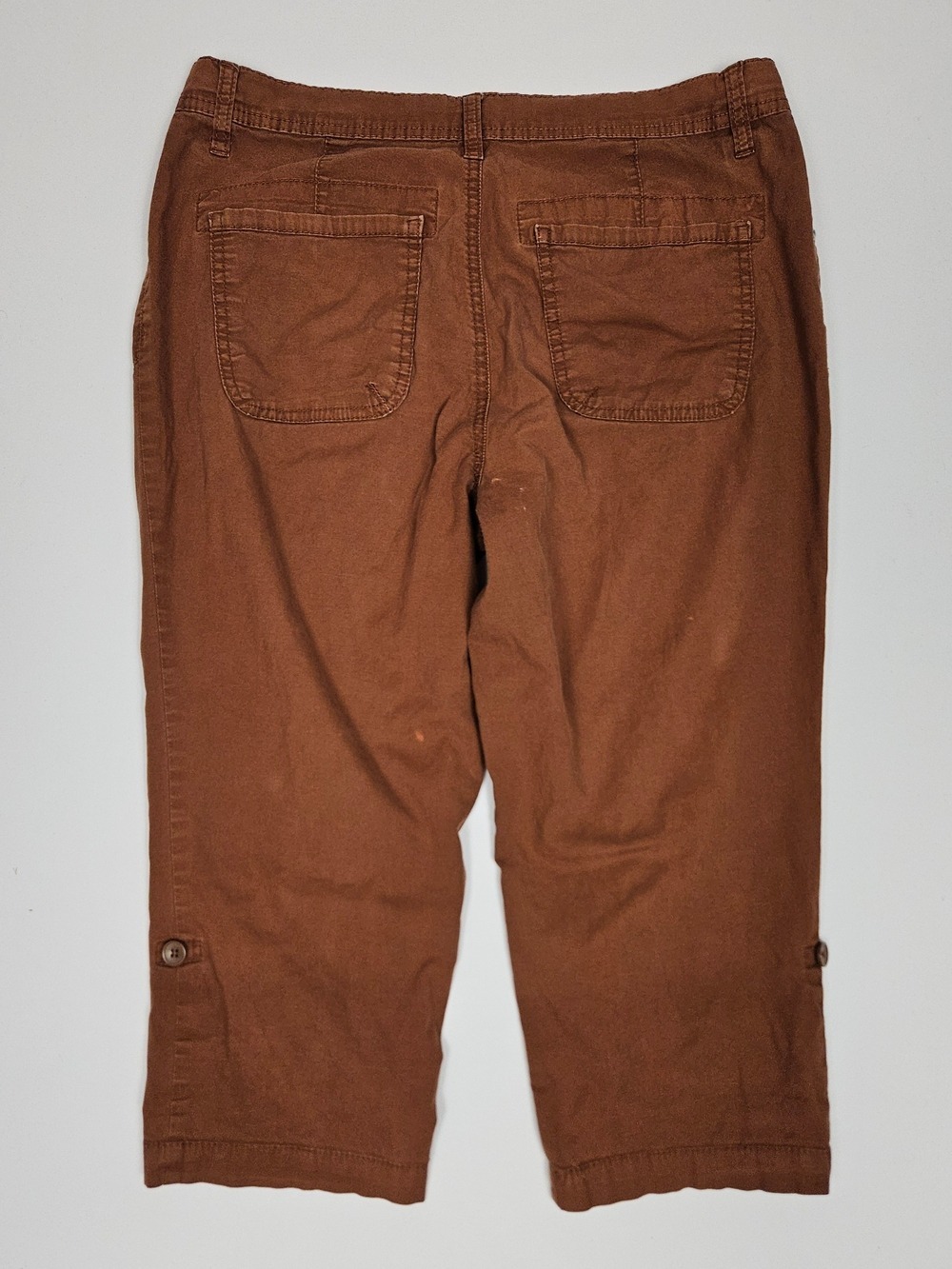 5/$25 Cleo Petites Cropped Cargo Pants Size 8 Brown Rust Roll Tab Stretch Capris - Picture 8 of 10